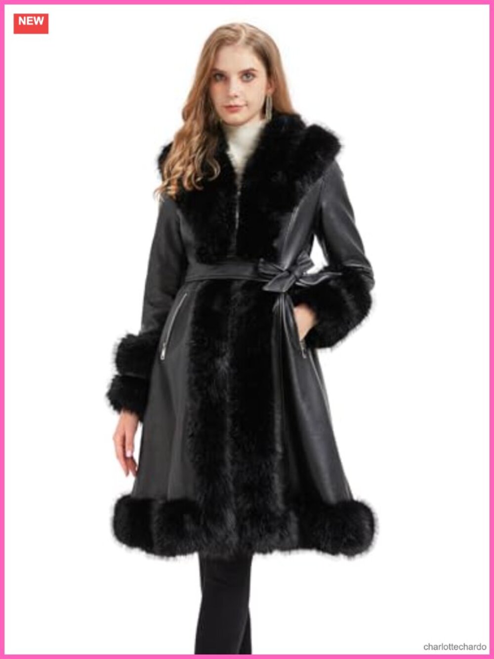 Faux Fur Leather Trench Coat with Collar Winter Women's Outerwear